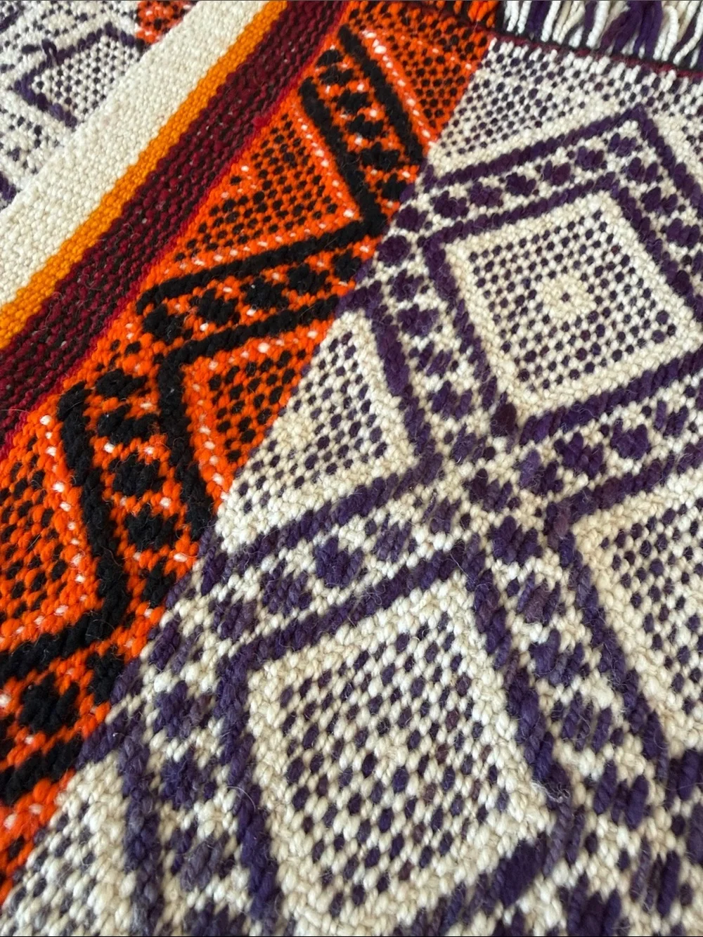 Vintage Handwoven Table Runner in Orange, Purple & Cream